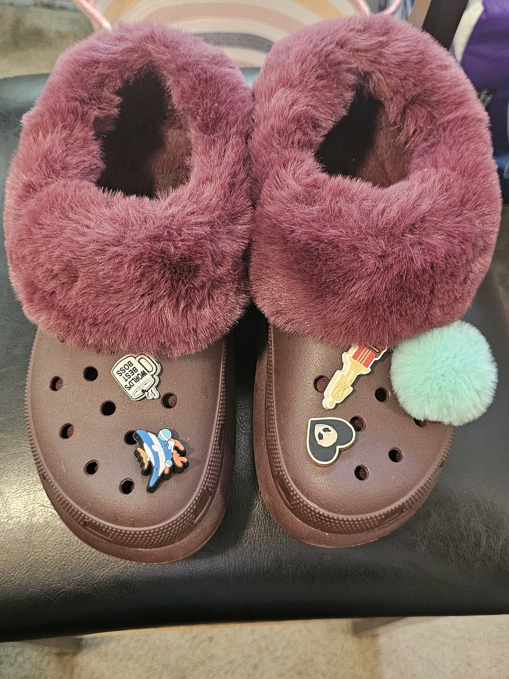 CROCS Fuzzy Lined Mules in Burgundy with Pom Accent